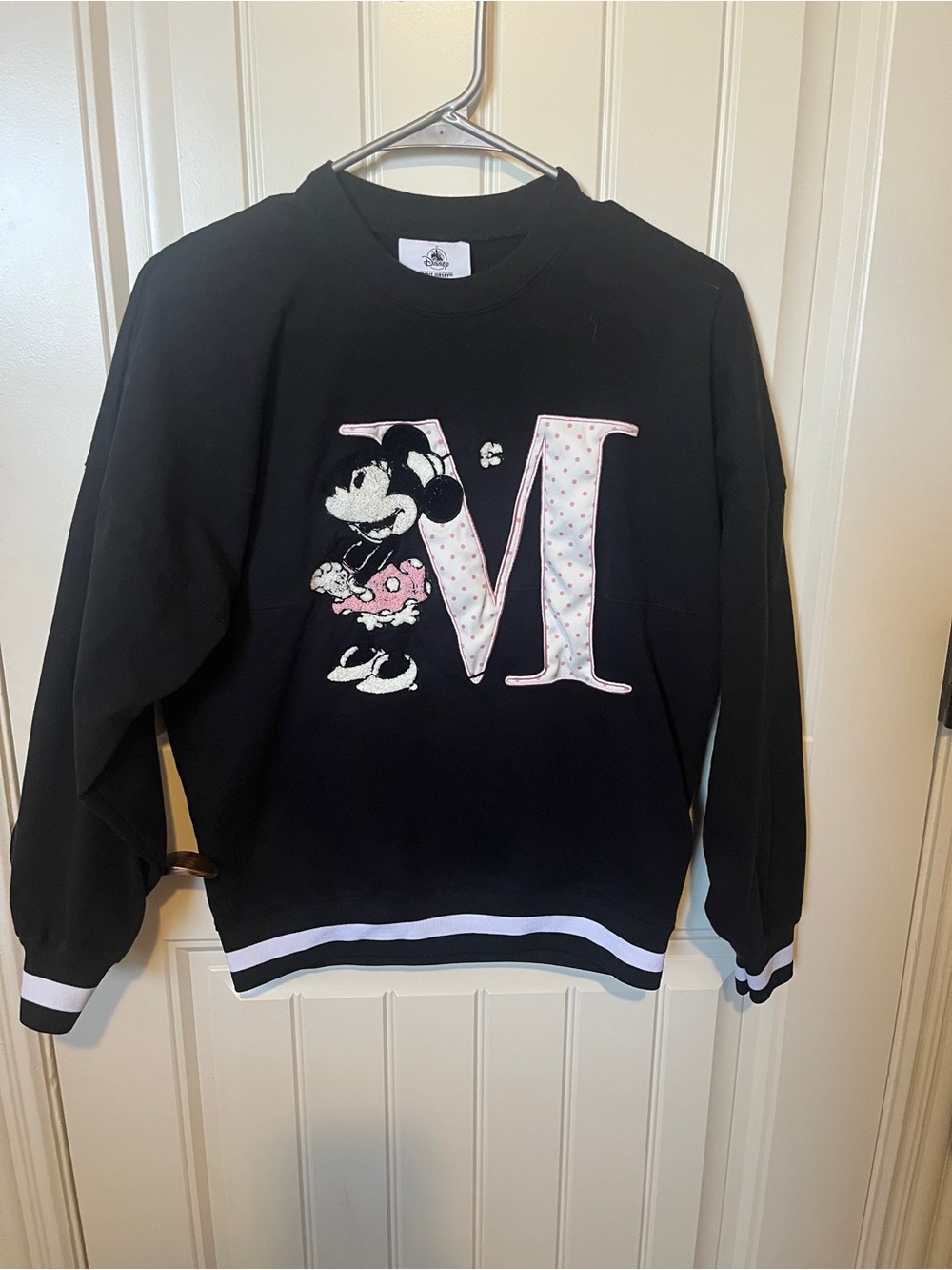 Disney Black Sweatshirt with Minnie M Graphic and Pink Accents